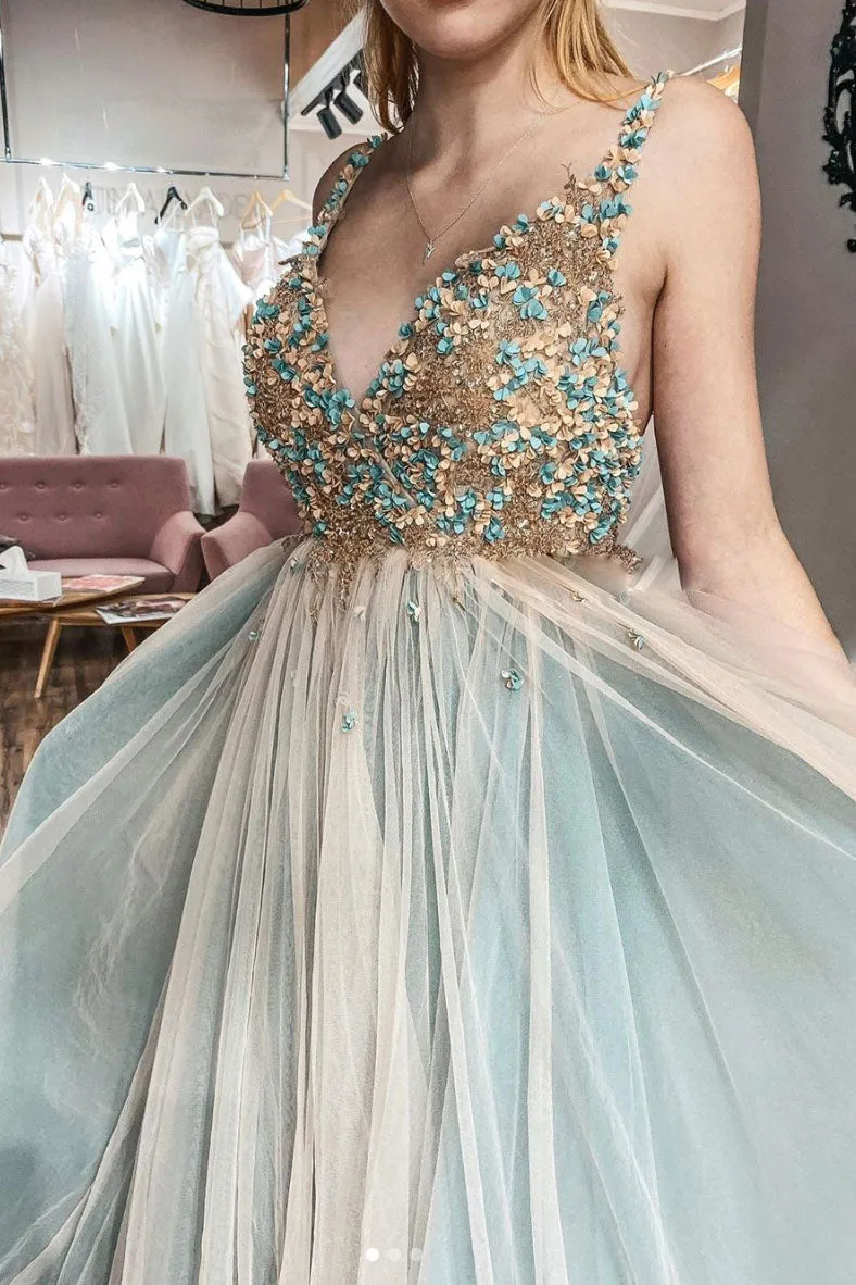 Unique v neck tulle lace long prom dress tulle formal dress