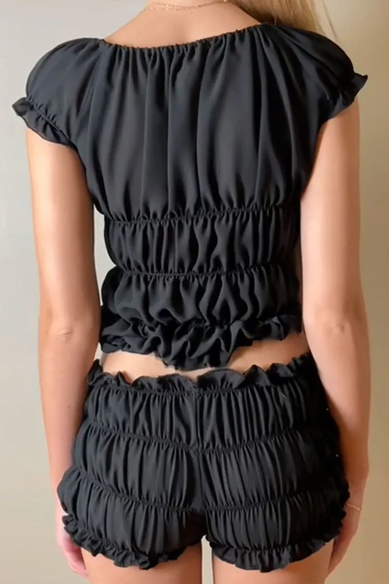 US3523 Pleated Shirt and Shorts Set