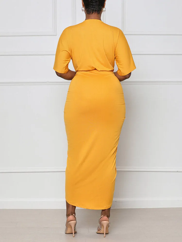V Neck Ruched Wrap Slit Dress