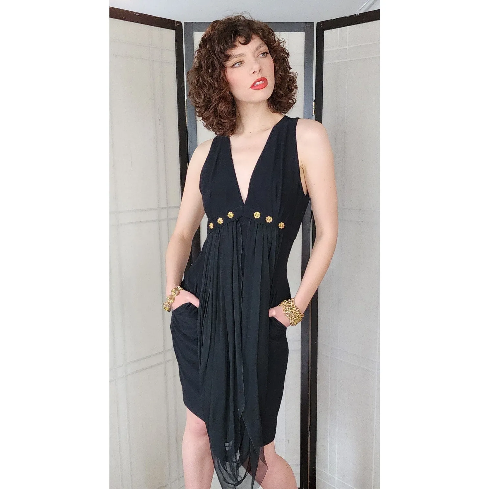 Vintage 90s Karl Lagerfeld Black Party Dress Gold Rosettes