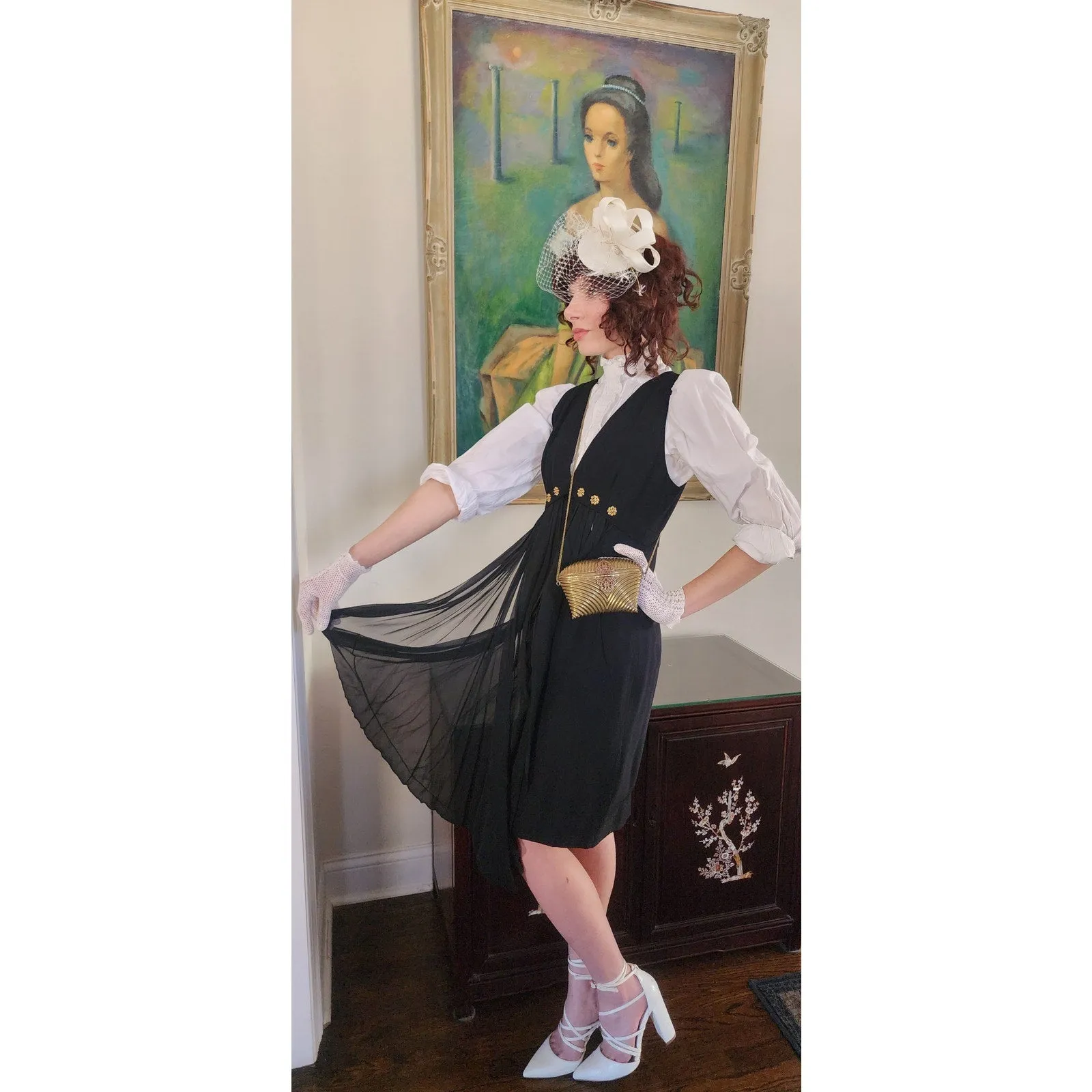 Vintage 90s Karl Lagerfeld Black Party Dress Gold Rosettes