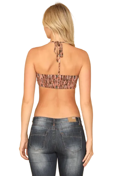 Vintage Rust Halter Tie Back Ruched Printed Bralette Top - Pack of 5