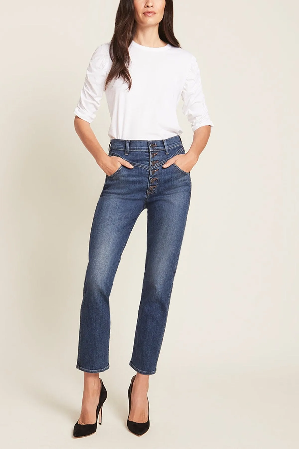 Waldorf Ruched-Sleeve Tee Top in White