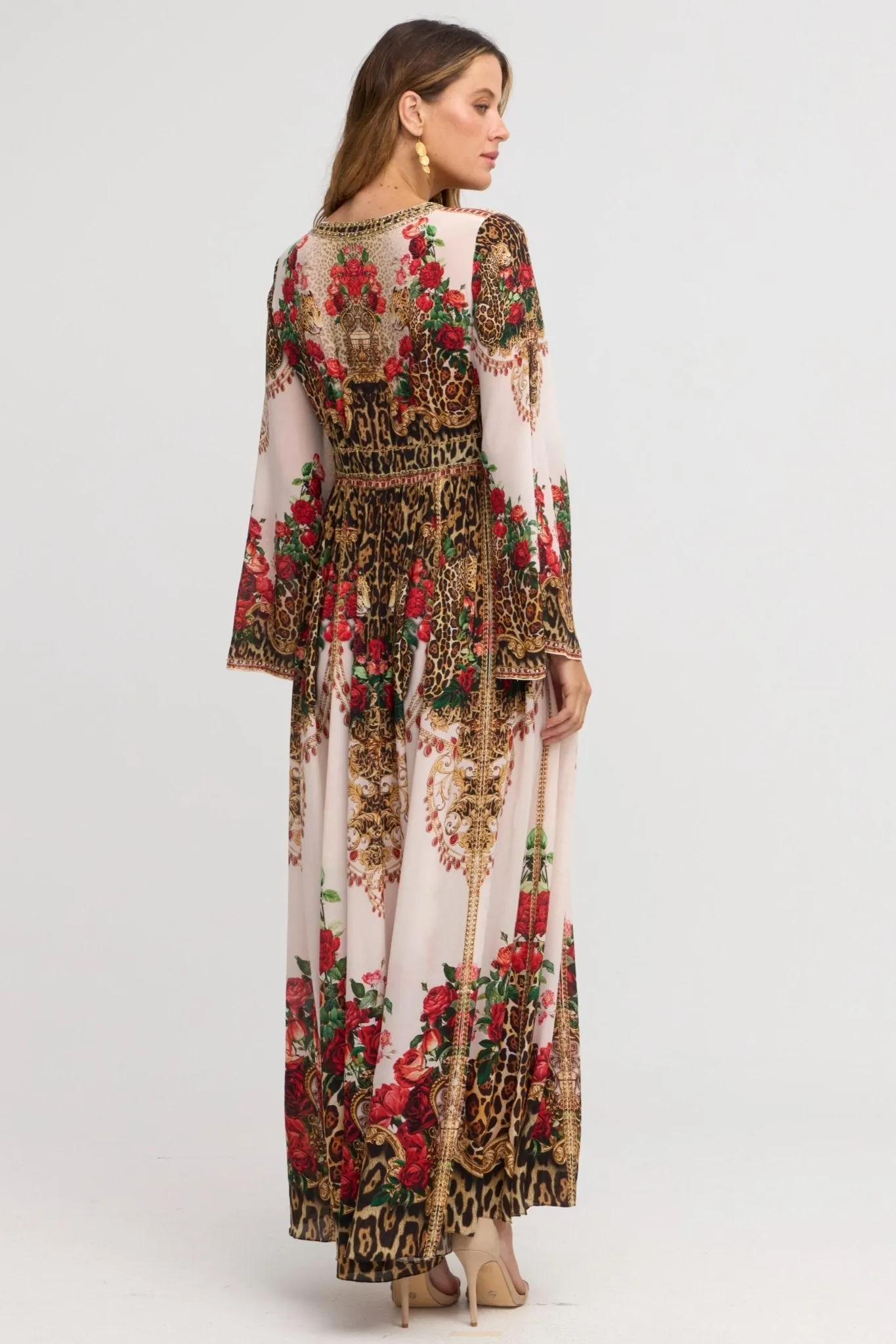 White Leopardess Maxi w Flare Sleeves