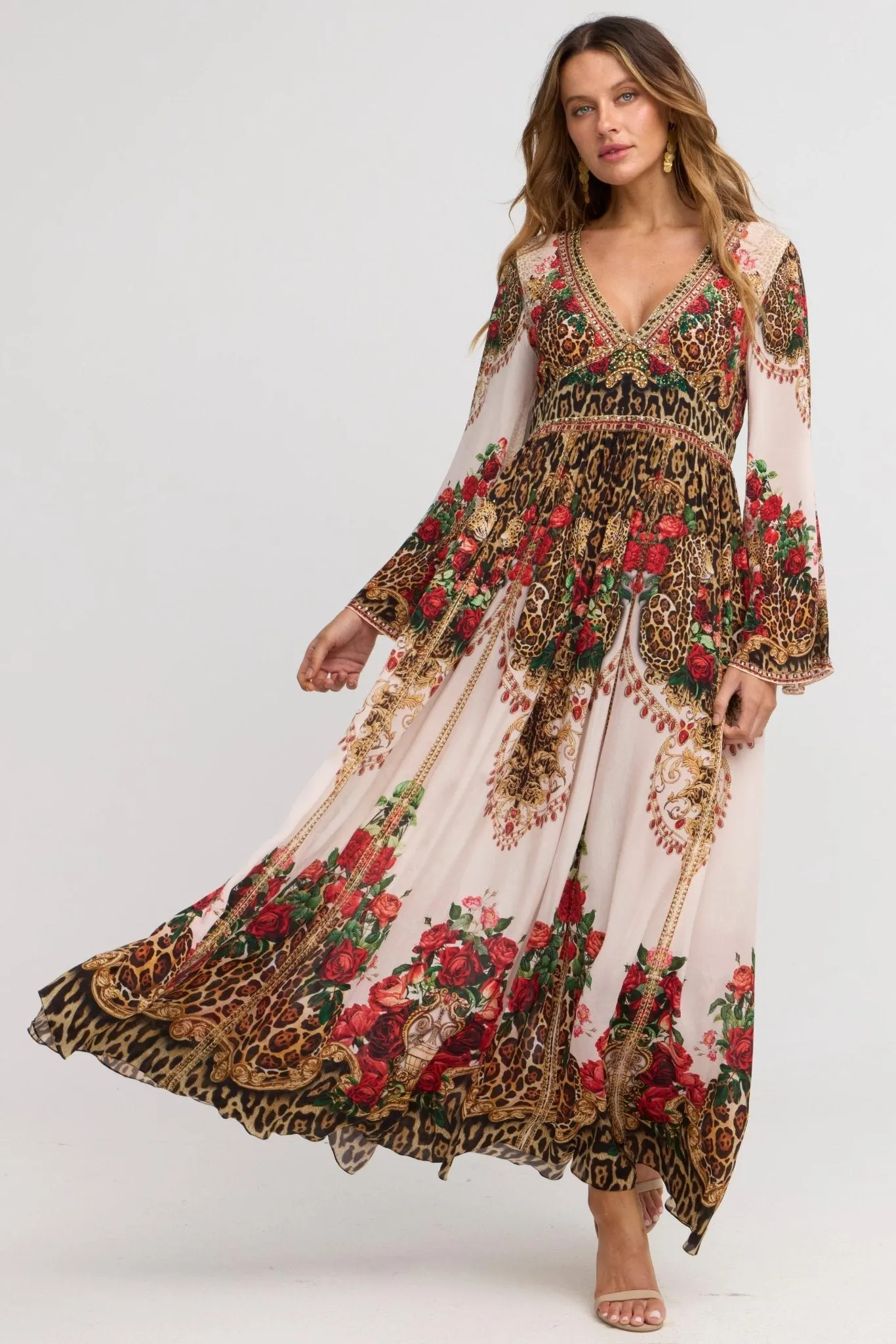 White Leopardess Maxi w Flare Sleeves