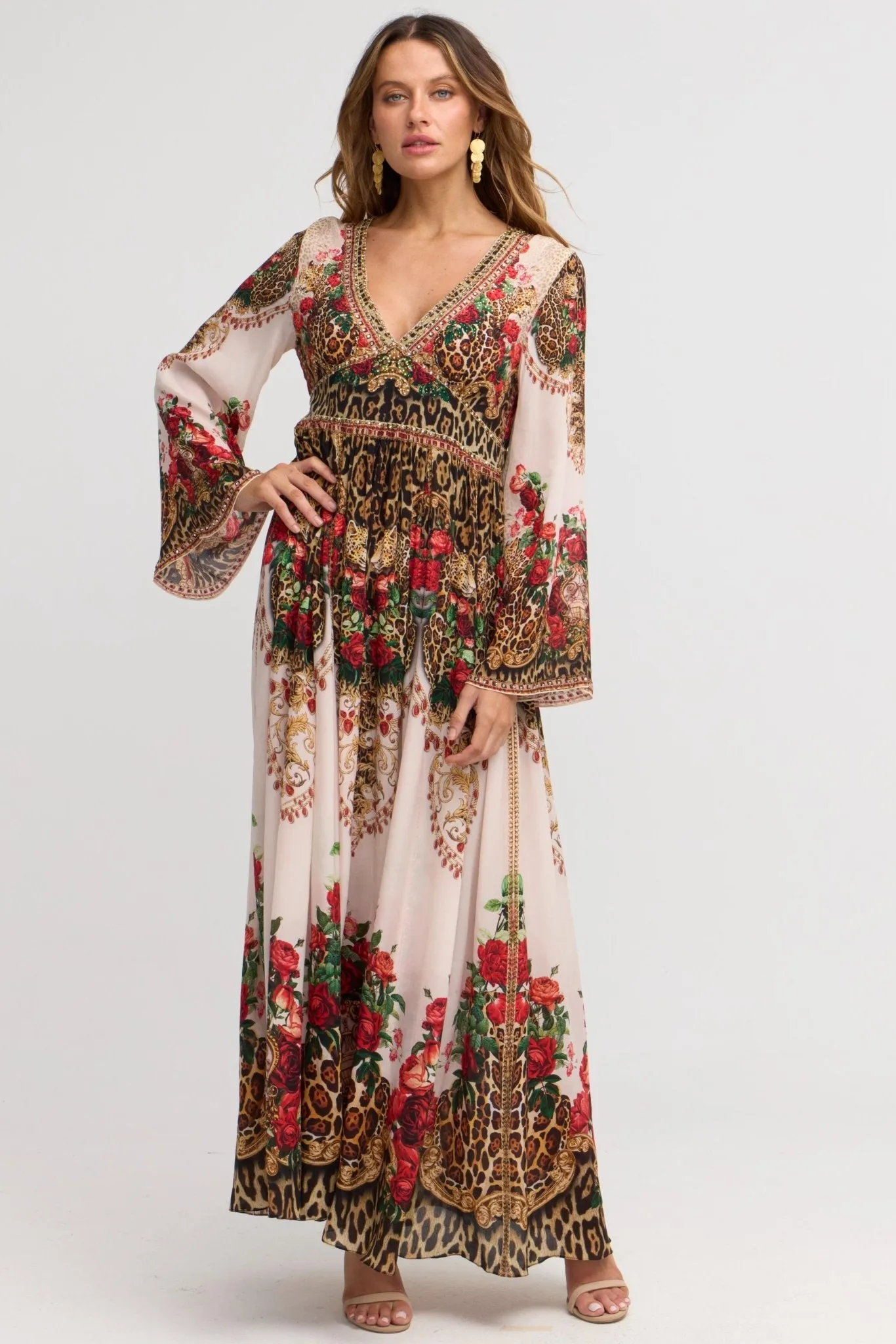 White Leopardess Maxi w Flare Sleeves