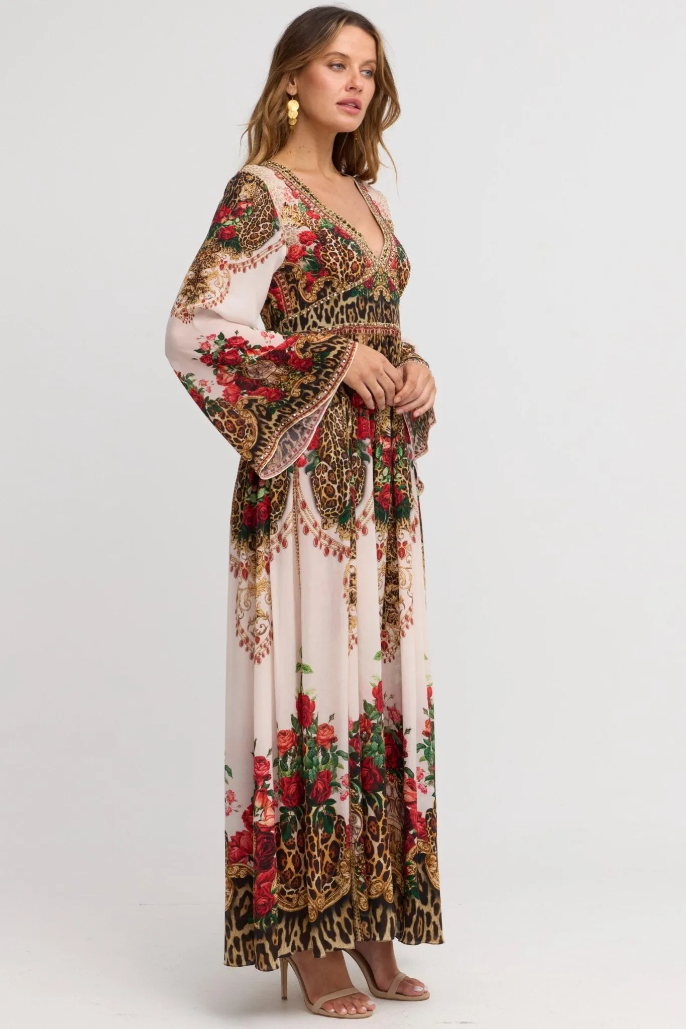 White Leopardess Maxi w Flare Sleeves