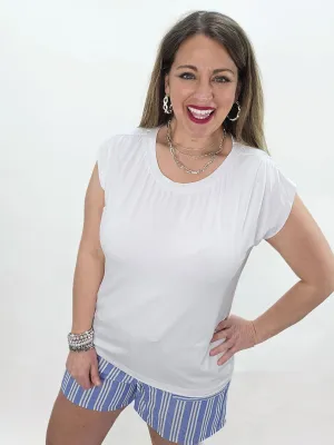 WHITE ROUND NECK ROUCHED SHOULDER CAP SLEEVE KNIT TOP