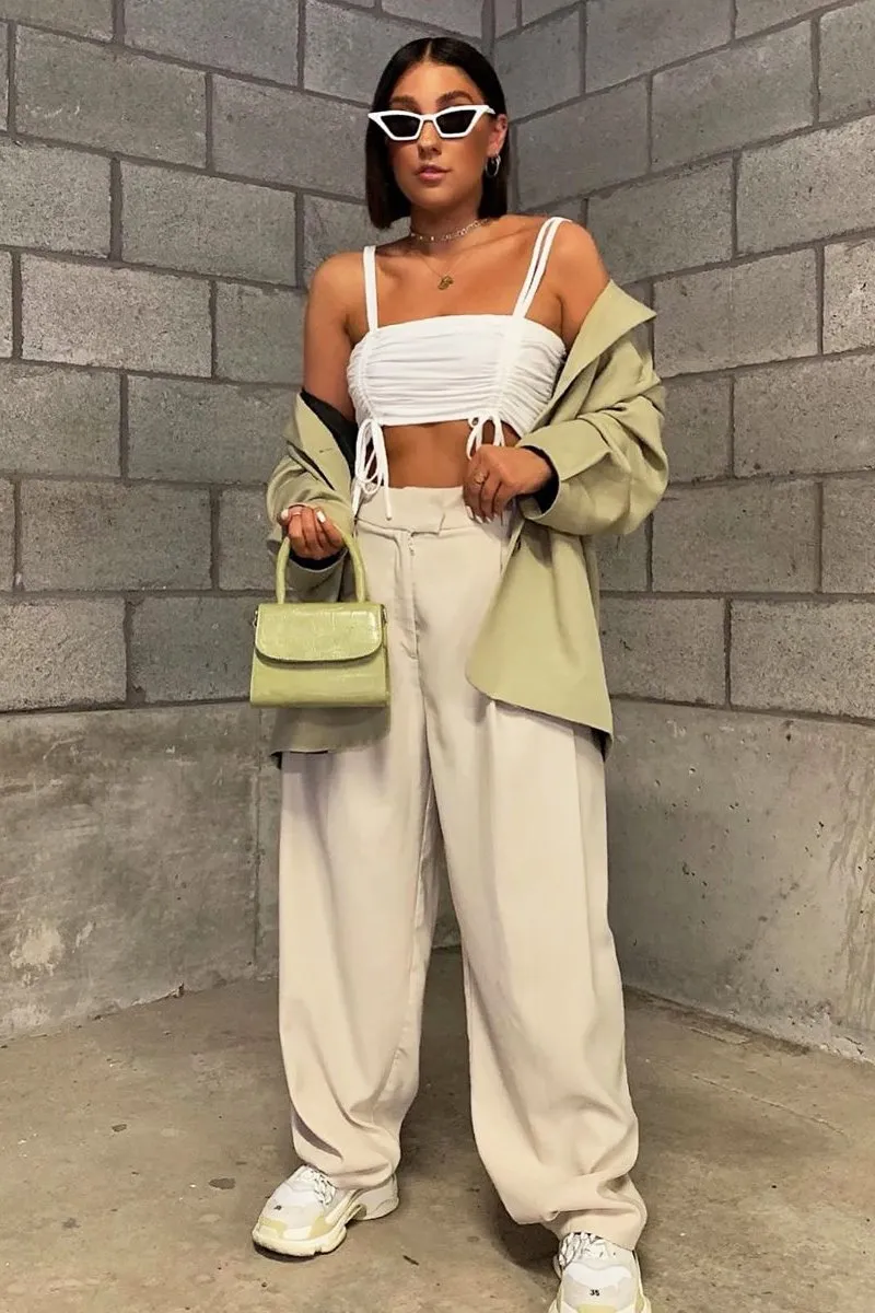 White Slinky Ruched Detail Crop Top - Bellah