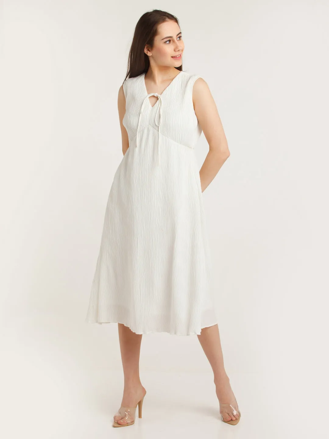 White Solid Empire Midi Dress
