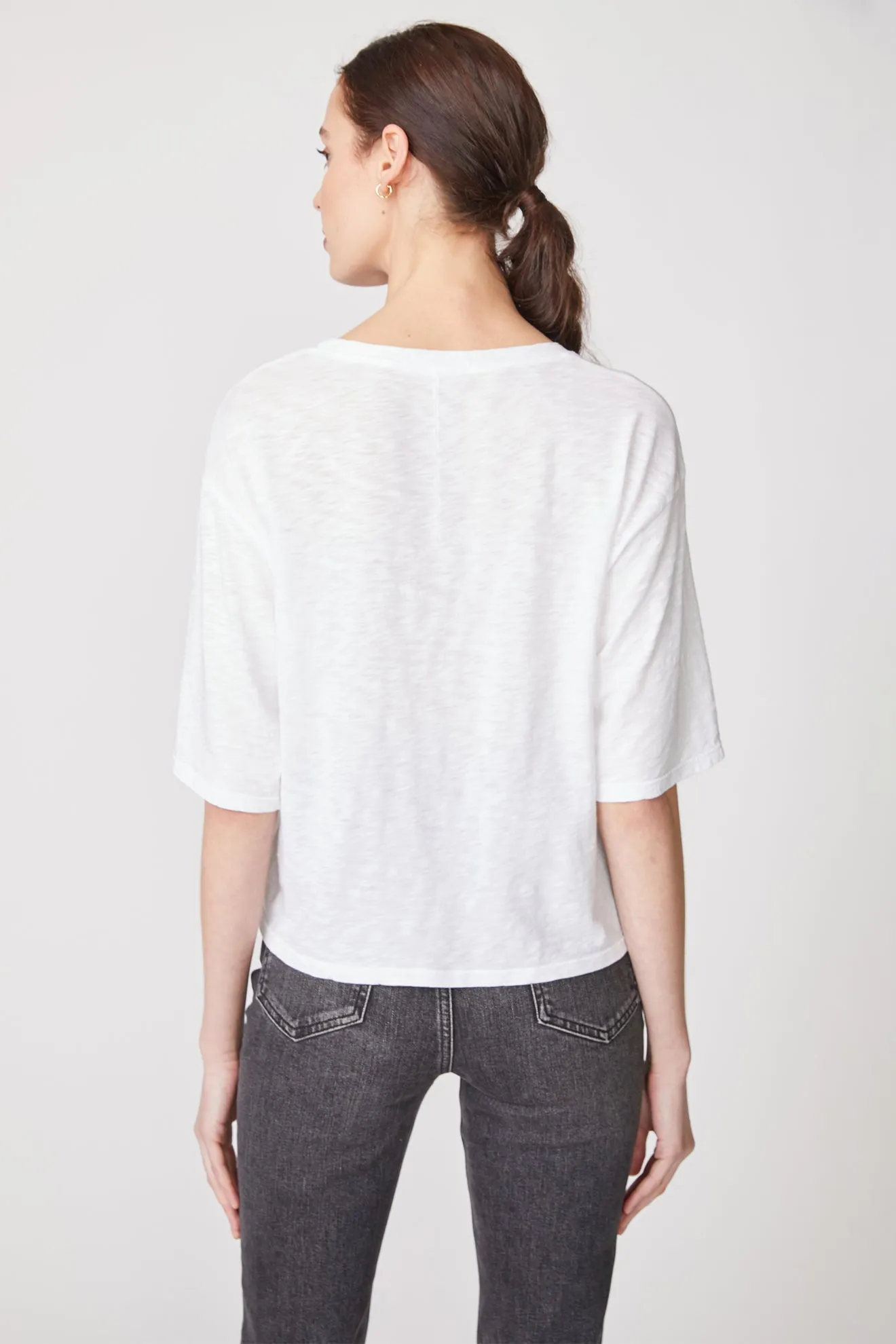White Supima Slub Short Sleeve Ruched Top
