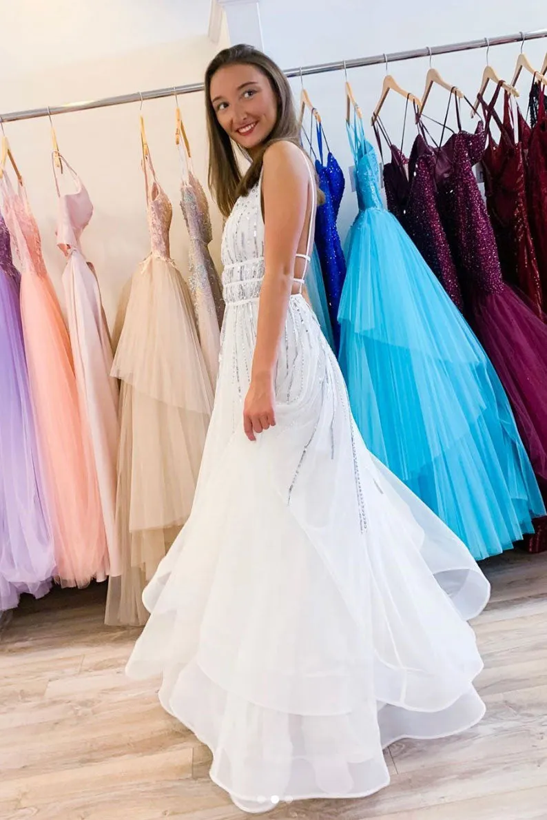 White v neck tulle sequin long prom dress white evening dress