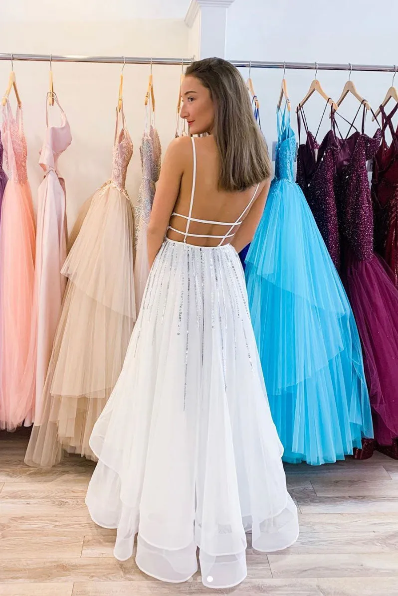 White v neck tulle sequin long prom dress white evening dress
