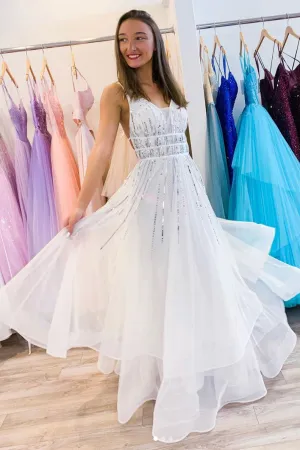 White v neck tulle sequin long prom dress white evening dress