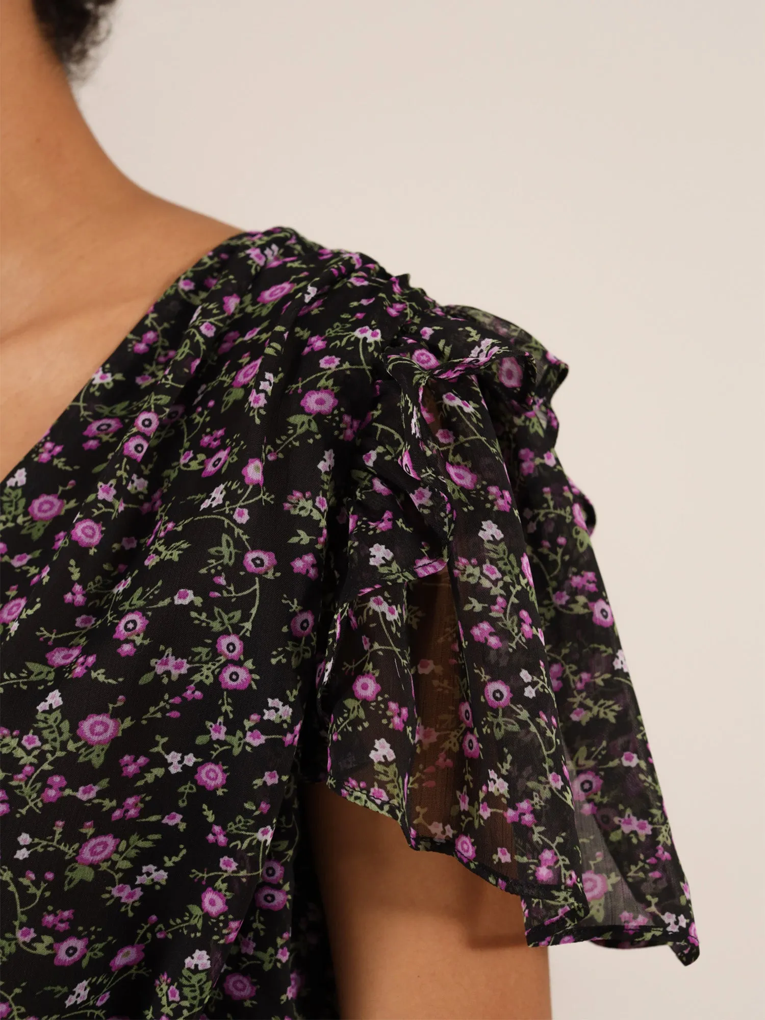Wildflower Surplice Crop Top, Upcycled Polyester, in Black Flower Print