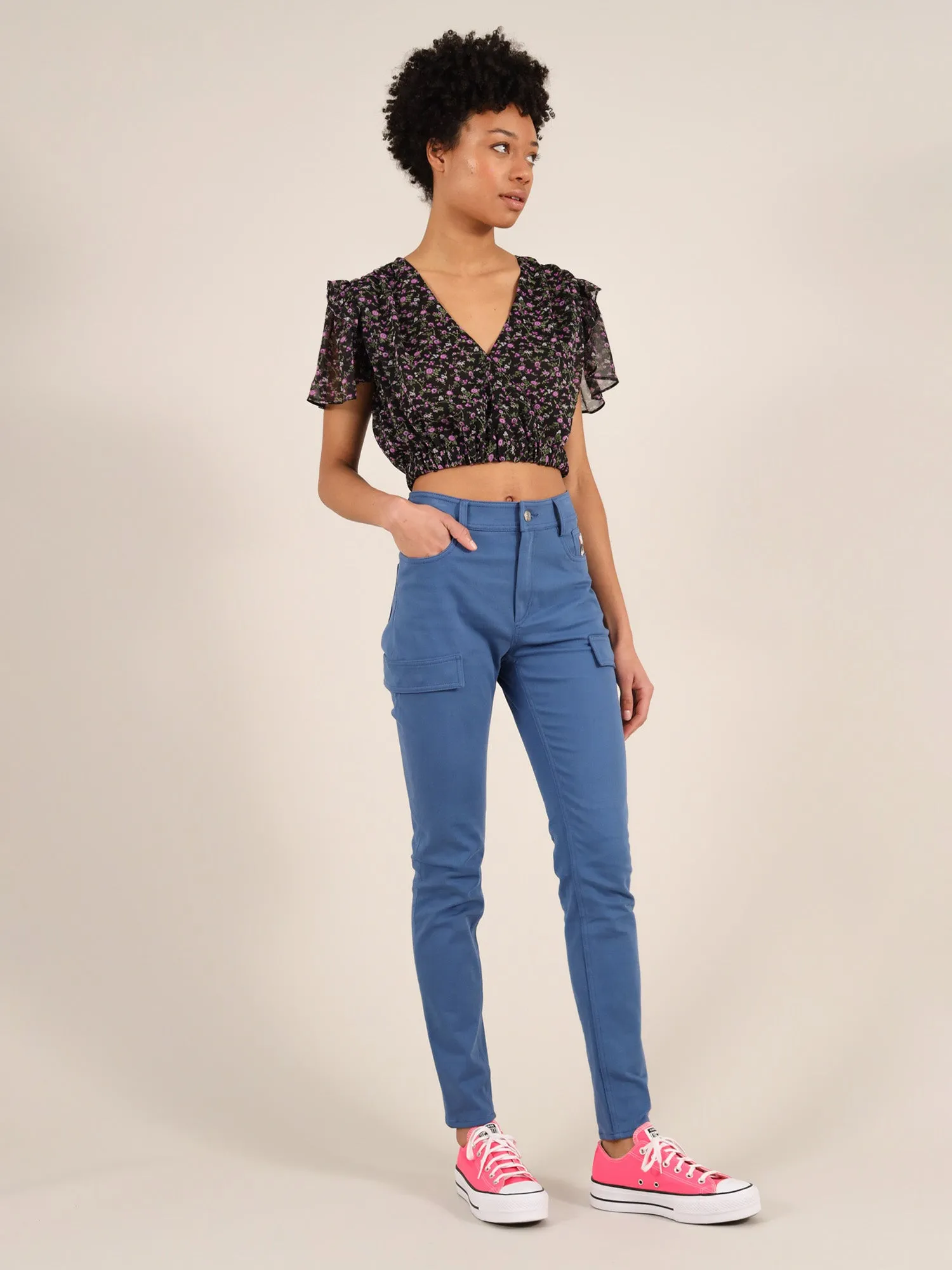 Wildflower Surplice Crop Top, Upcycled Polyester, in Black Flower Print