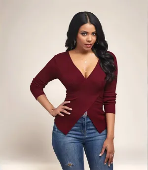 Wine Asymmetric V Neck Top