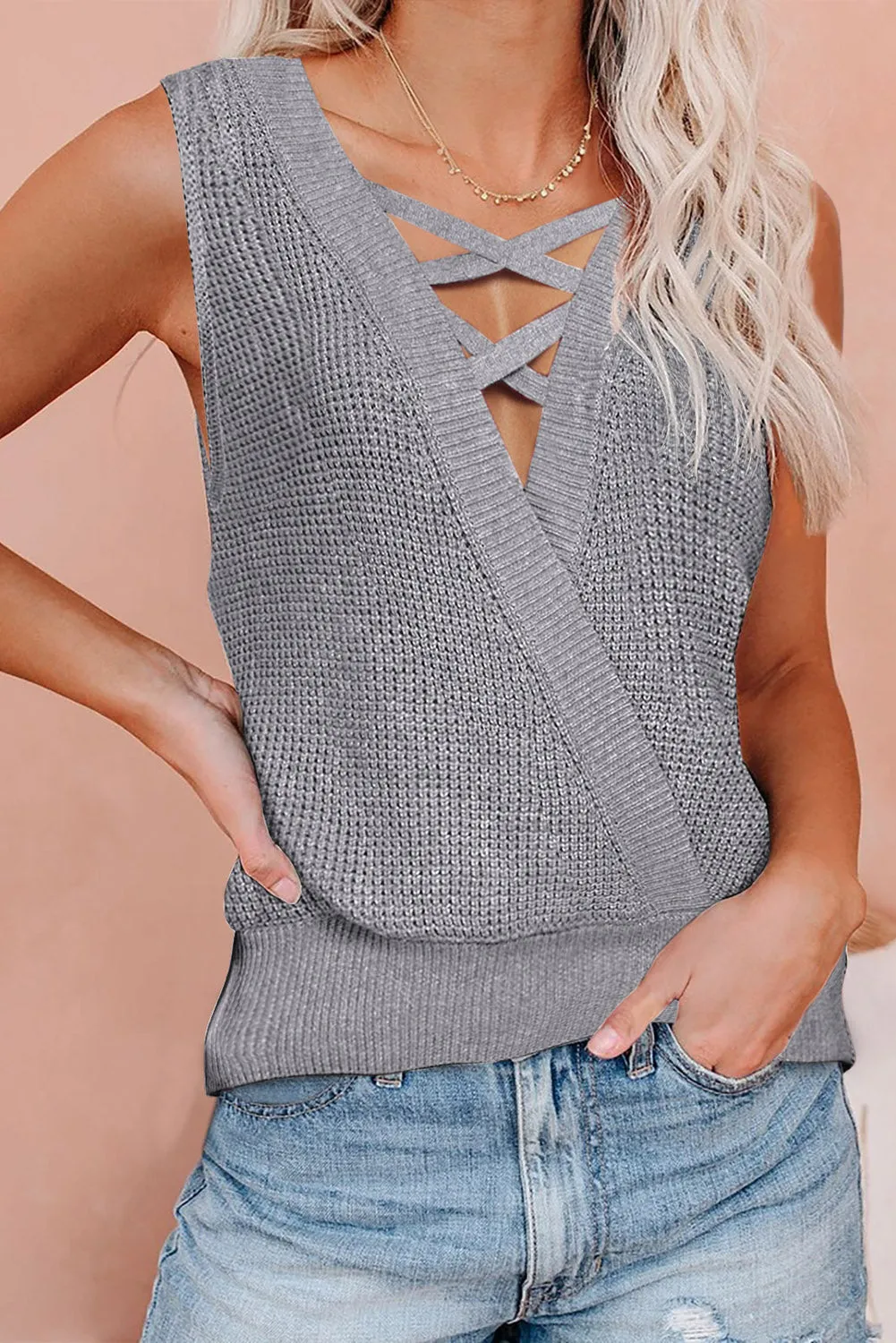Wine Red Crisscross Hollow-out Knit Tank Top