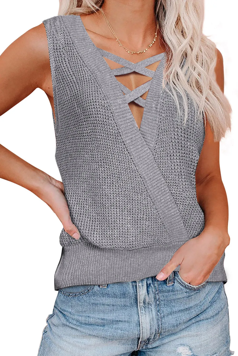 Wine Red Crisscross Hollow-out Knit Tank Top
