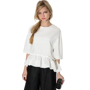 Women Elegant Ruffle Tee Shirt Asymmetric Top Draped Ladies Blouse