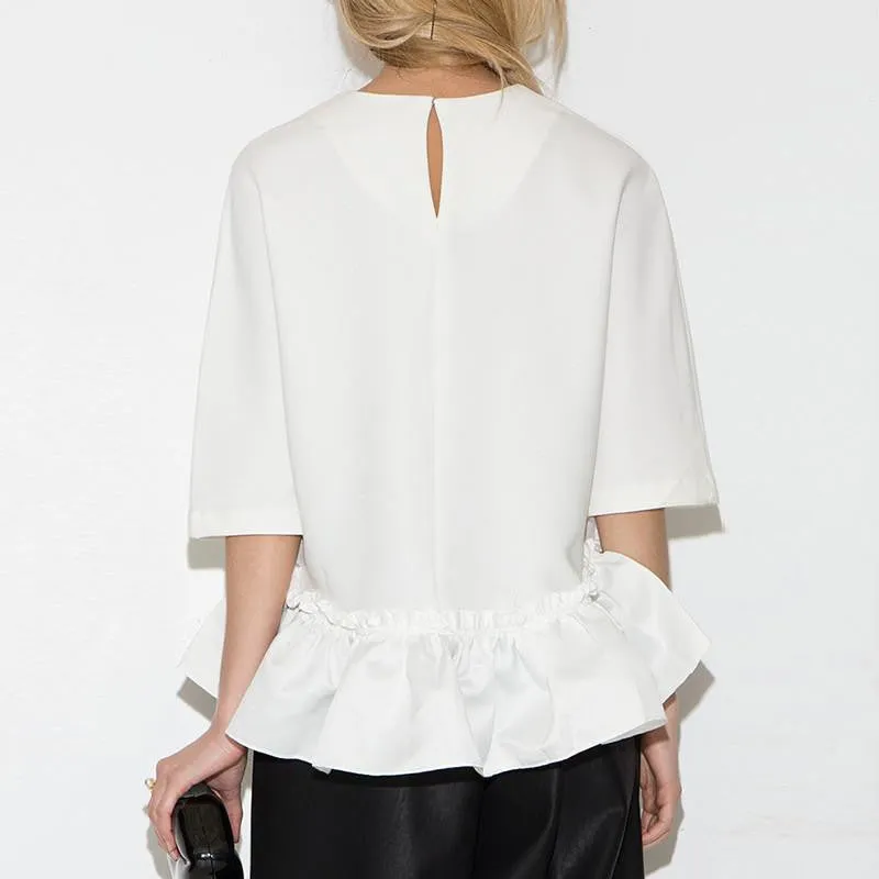 Women Elegant Ruffle Tee Shirt Asymmetric Top Draped Ladies Blouse