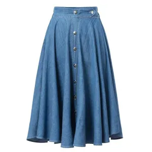Women Fashion Ladies Brand Blue High Waist Button Through Midi Denim Casual Vintage Pleated Denim Skirt