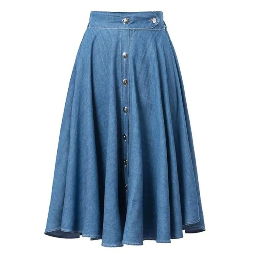 Women Fashion Ladies Brand Blue High Waist Button Through Midi Denim Casual Vintage Pleated Denim Skirt