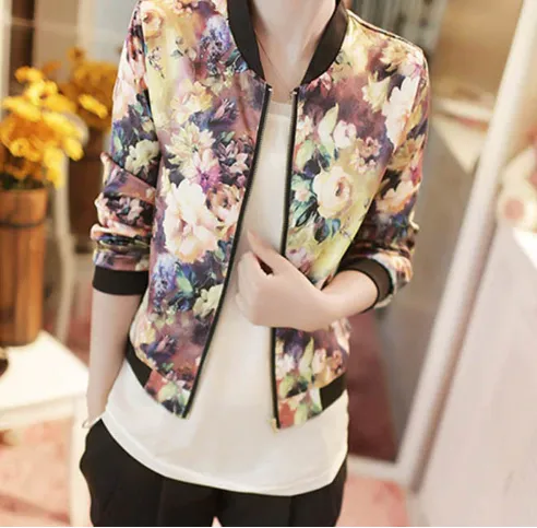 Women Spring Jackets Short Tops Long Sleeve Floral Print Coat Vintage Women Clothing Bomber Jacket
