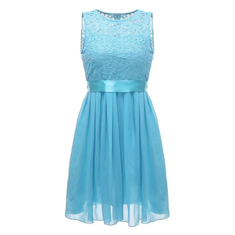 Women Summer Style Dress Sleeveless Elegant Lace Chiffon Princess Knee Length Party Dresses