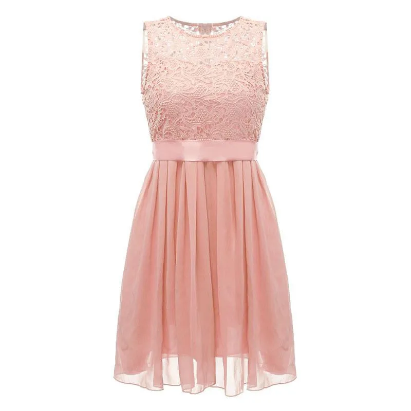 Women Summer Style Dress Sleeveless Elegant Lace Chiffon Princess Knee Length Party Dresses