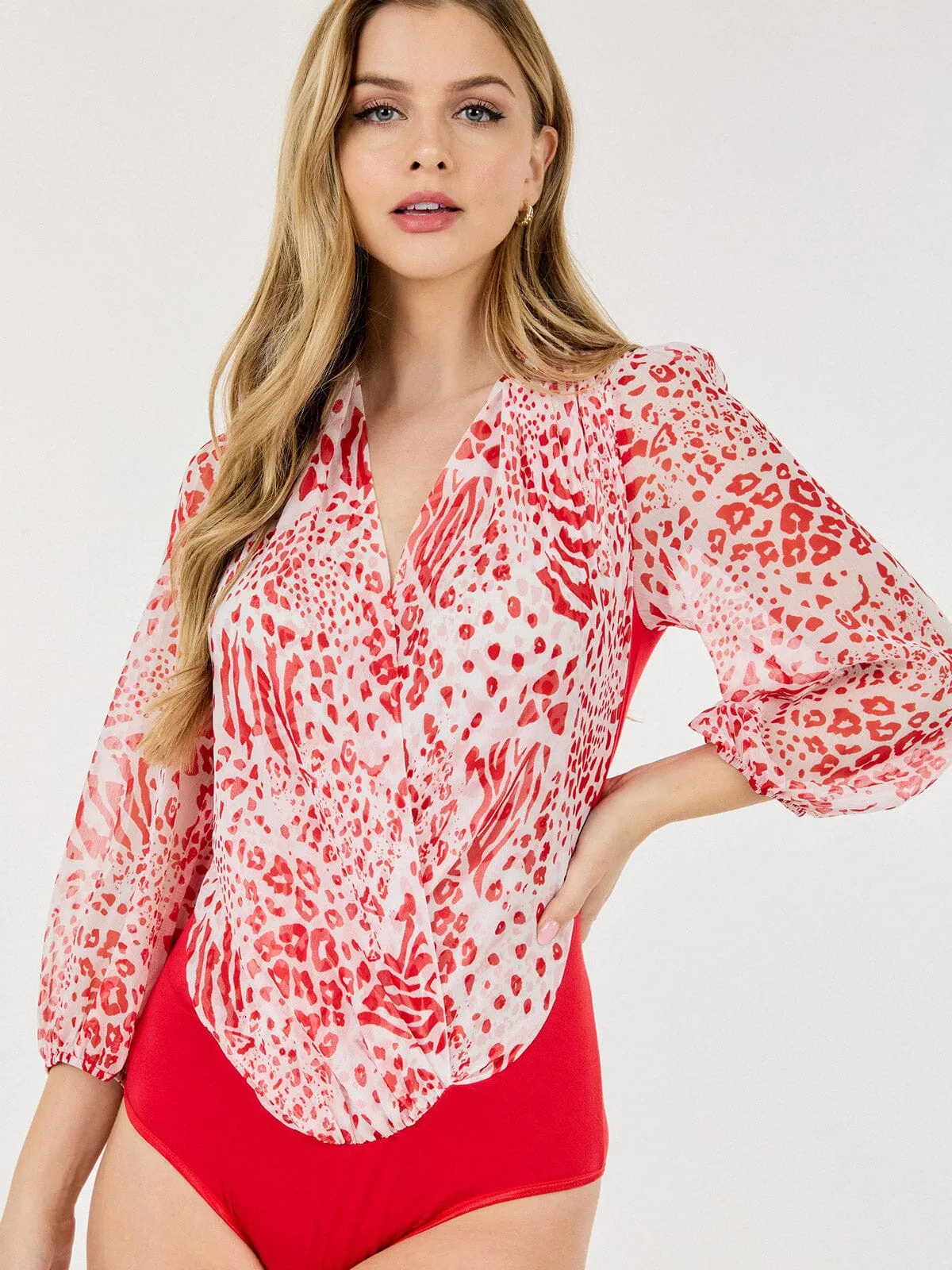 WOMEN'S 3/4 SLEEVE SURPLICE ANIMAL PRINT BODYSUIT