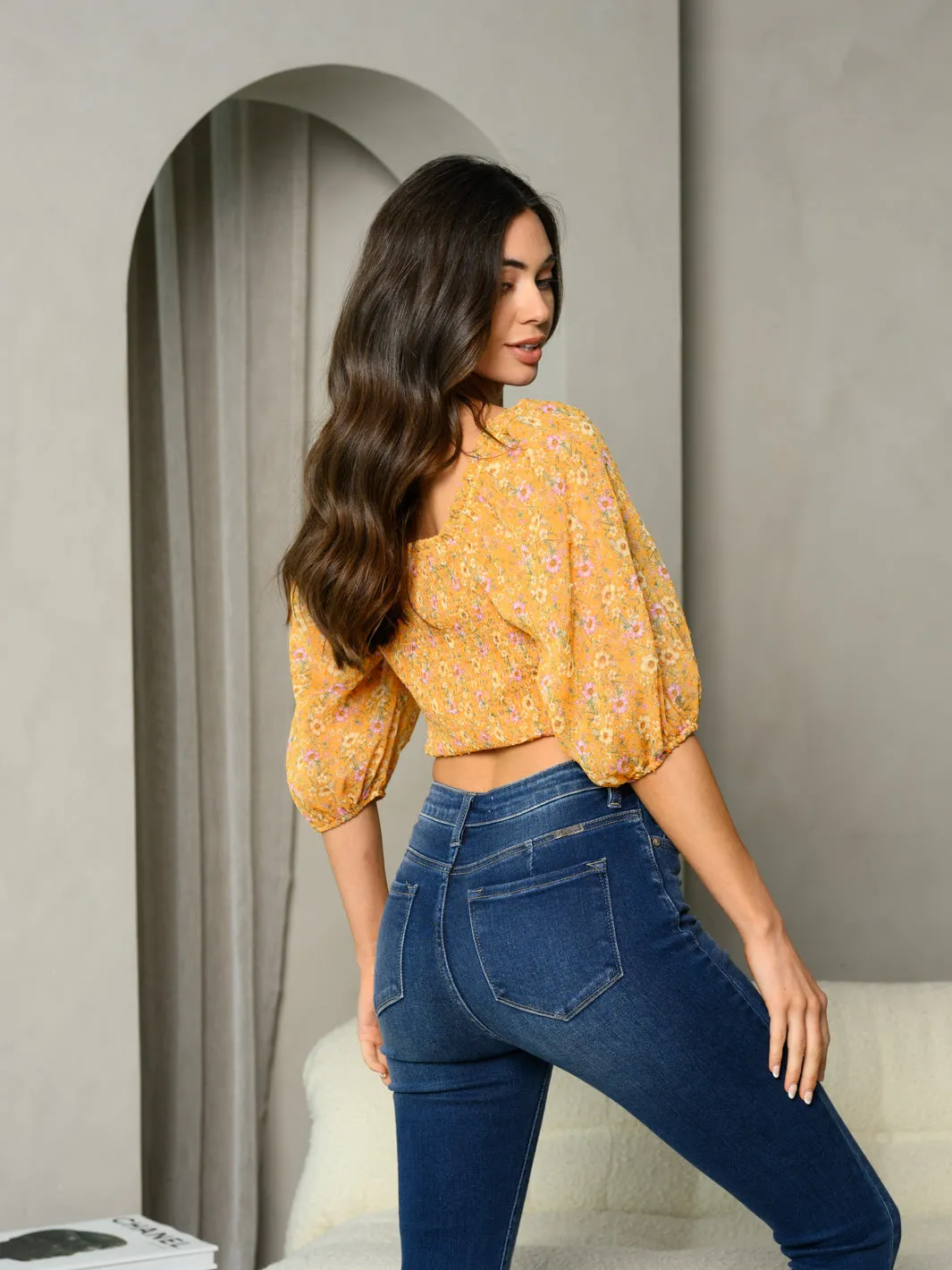 WOMEN'S 3/4 SLEEVE SURPLICE FLORAL TOP