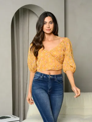 WOMEN'S 3/4 SLEEVE SURPLICE FLORAL TOP
