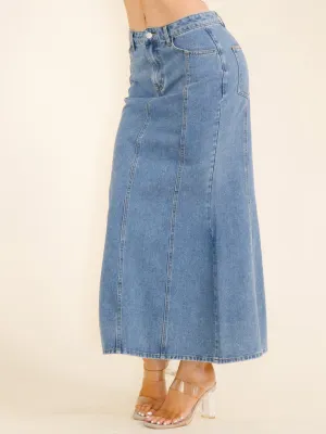 WOMEN'S BUTTON CLOSURE POCKETS DENIM MAXI SKIRT