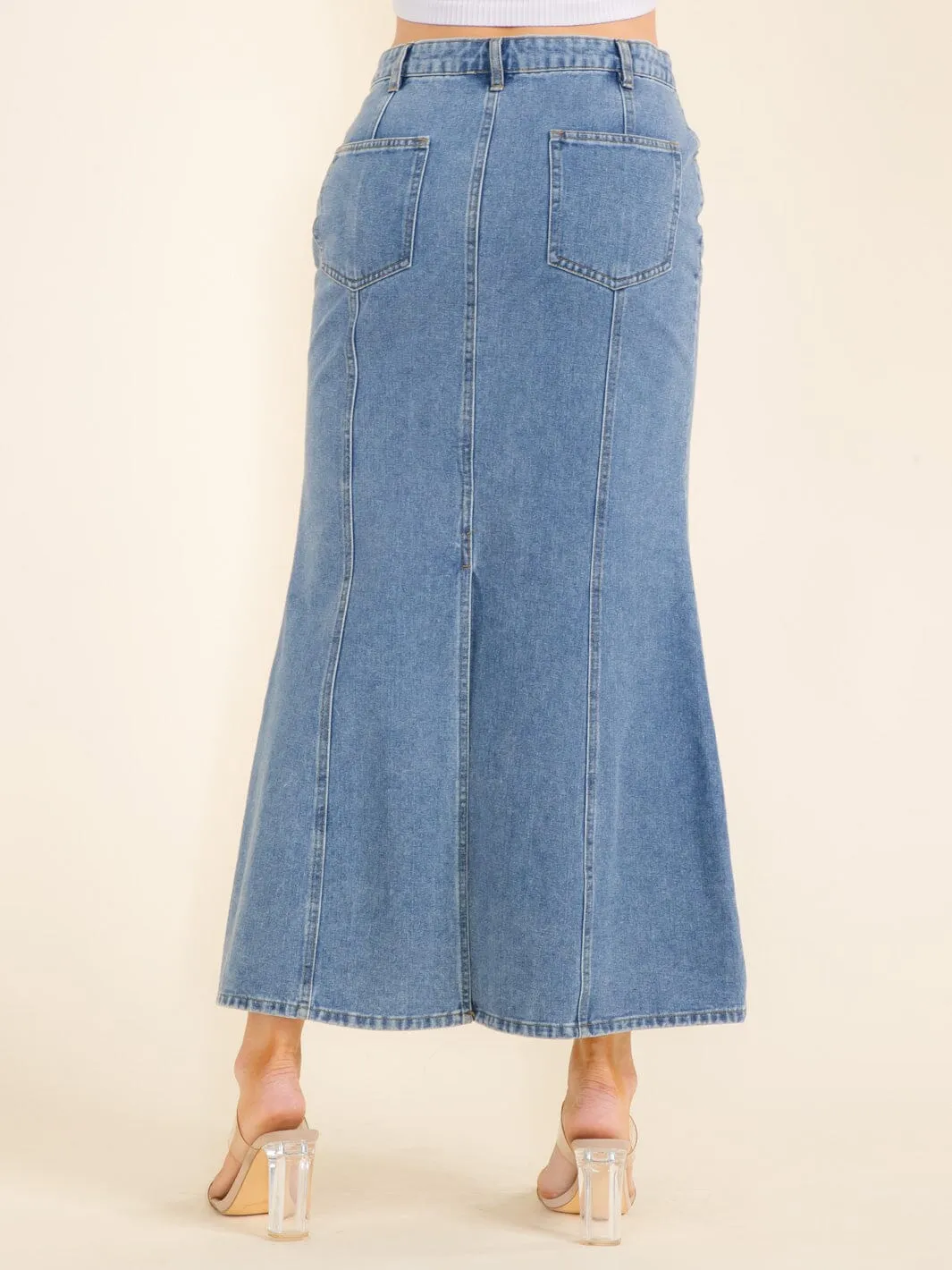 WOMEN'S BUTTON CLOSURE POCKETS DENIM MAXI SKIRT