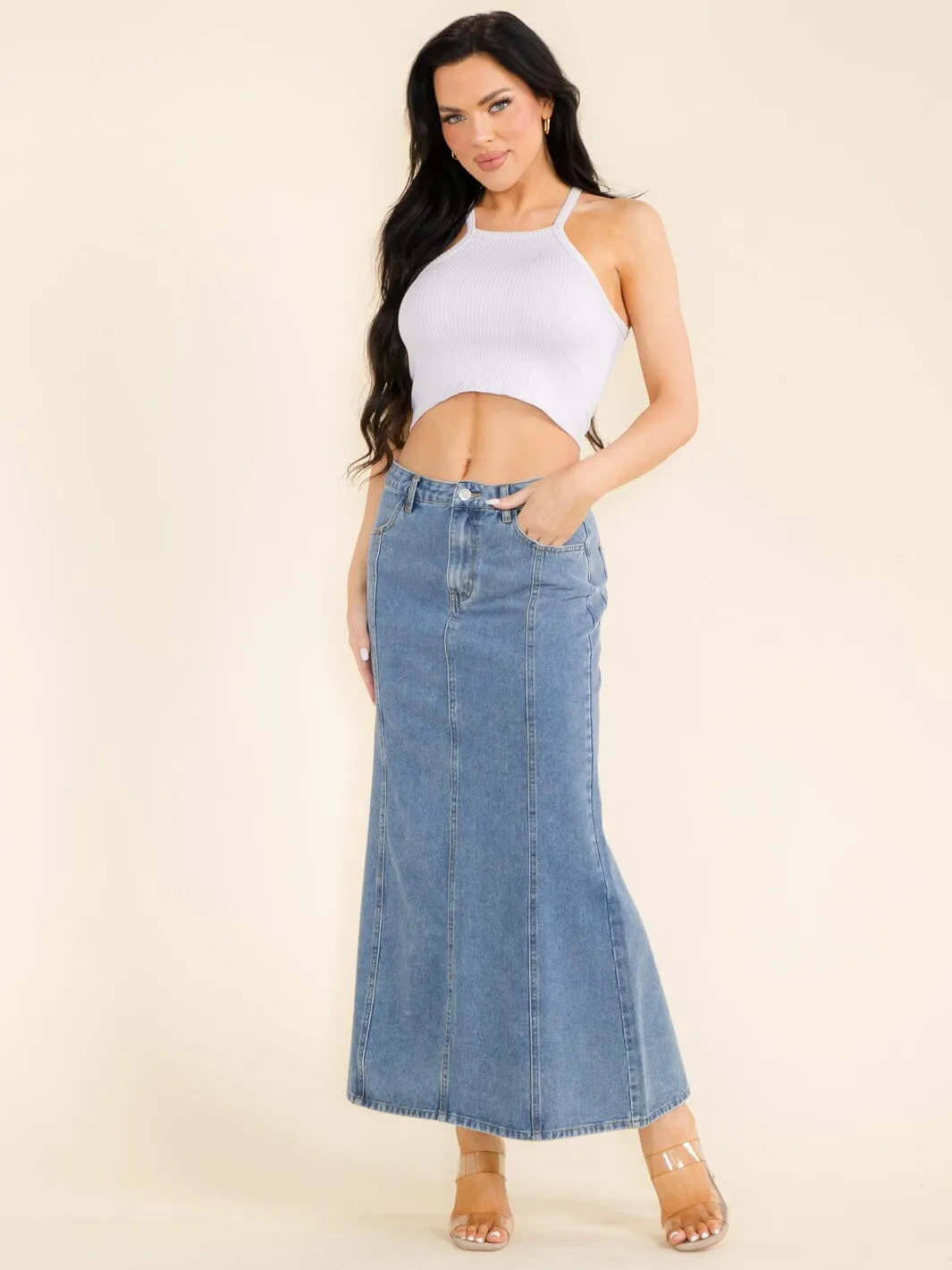WOMEN'S BUTTON CLOSURE POCKETS DENIM MAXI SKIRT