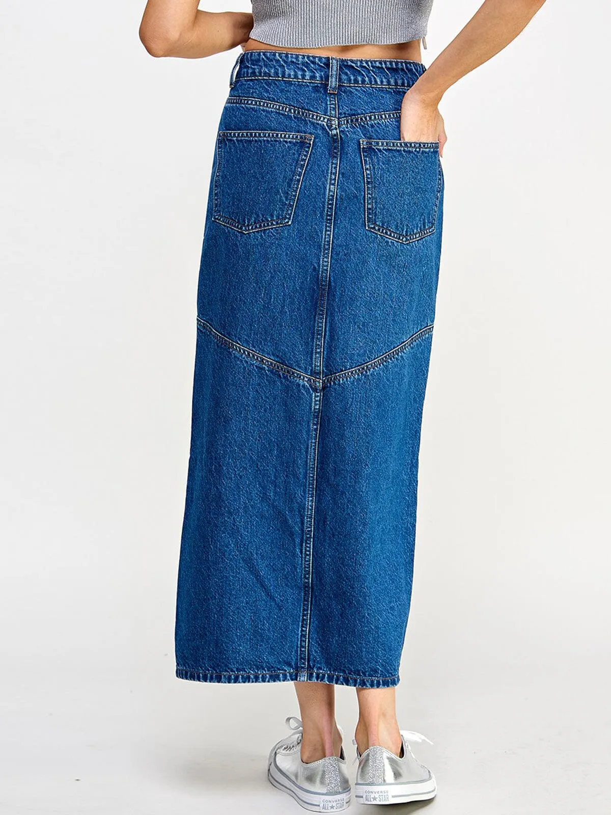 WOMEN'S BUTTON CLOSURE POCKETS FRONT SLIT DENIM MAXI SKIRT