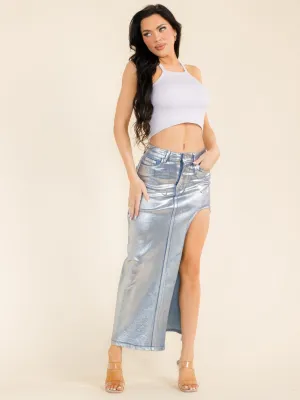 WOMEN'S BUTTON CLOSURE SIDE SLIT POCKETS SHIMMER DENIM MAXI SKIRT