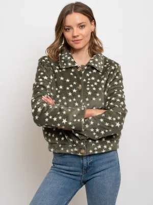 WOMEN'S BUTTON UP SHERPA STARS PRINT JACKET