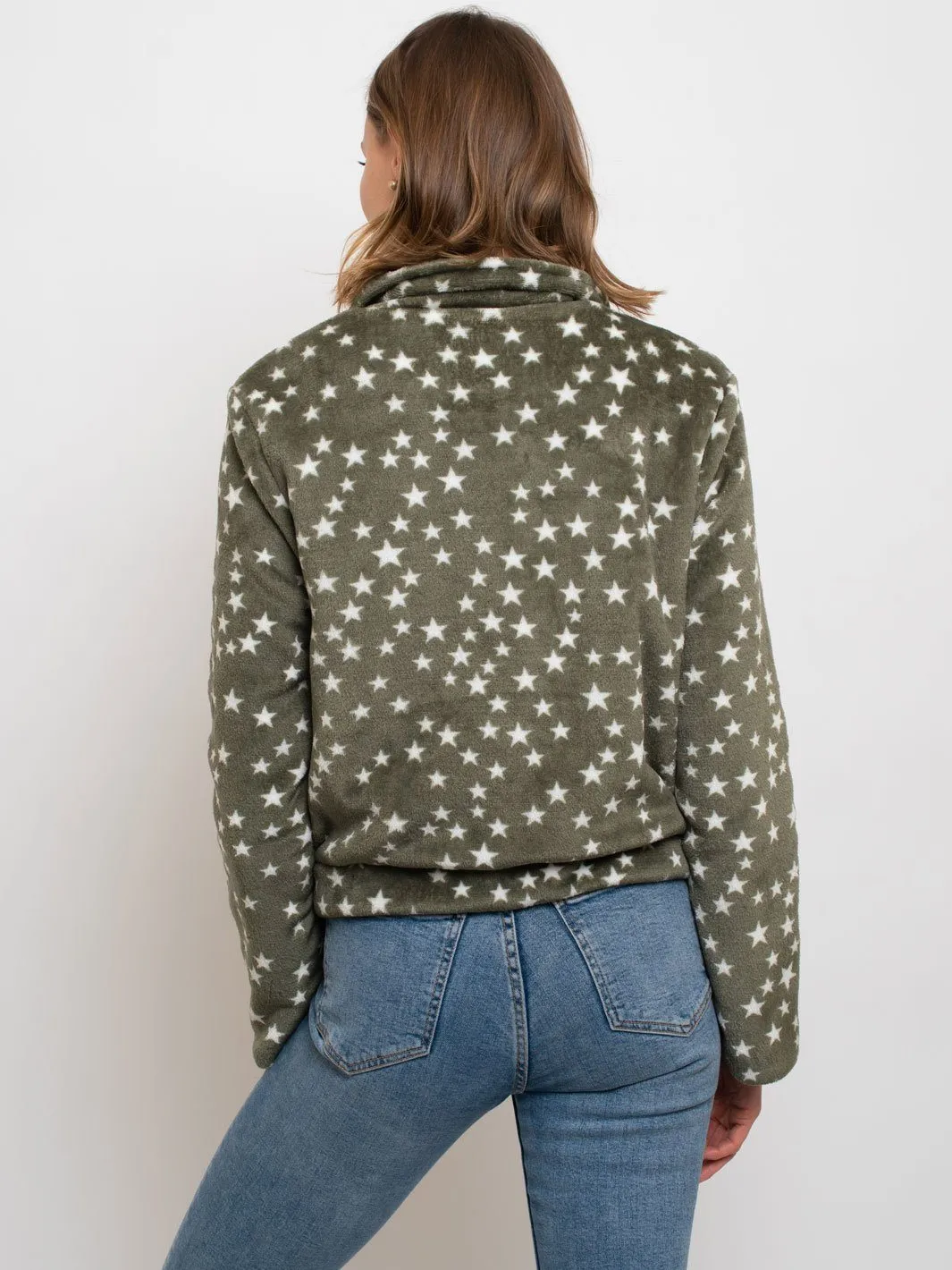 WOMEN'S BUTTON UP SHERPA STARS PRINT JACKET