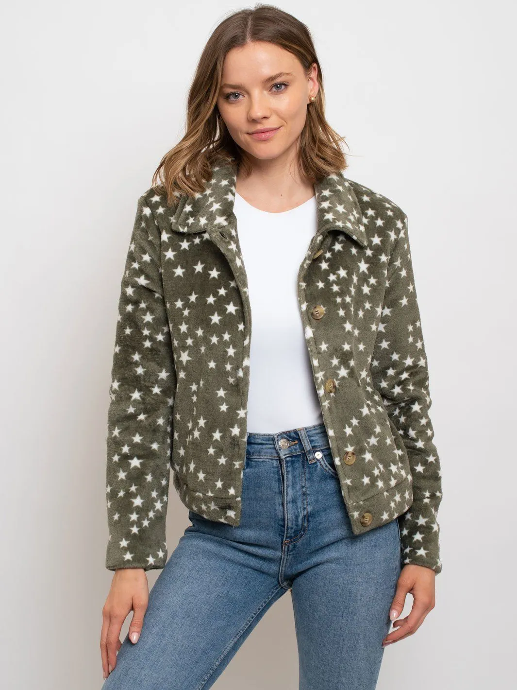 WOMEN'S BUTTON UP SHERPA STARS PRINT JACKET