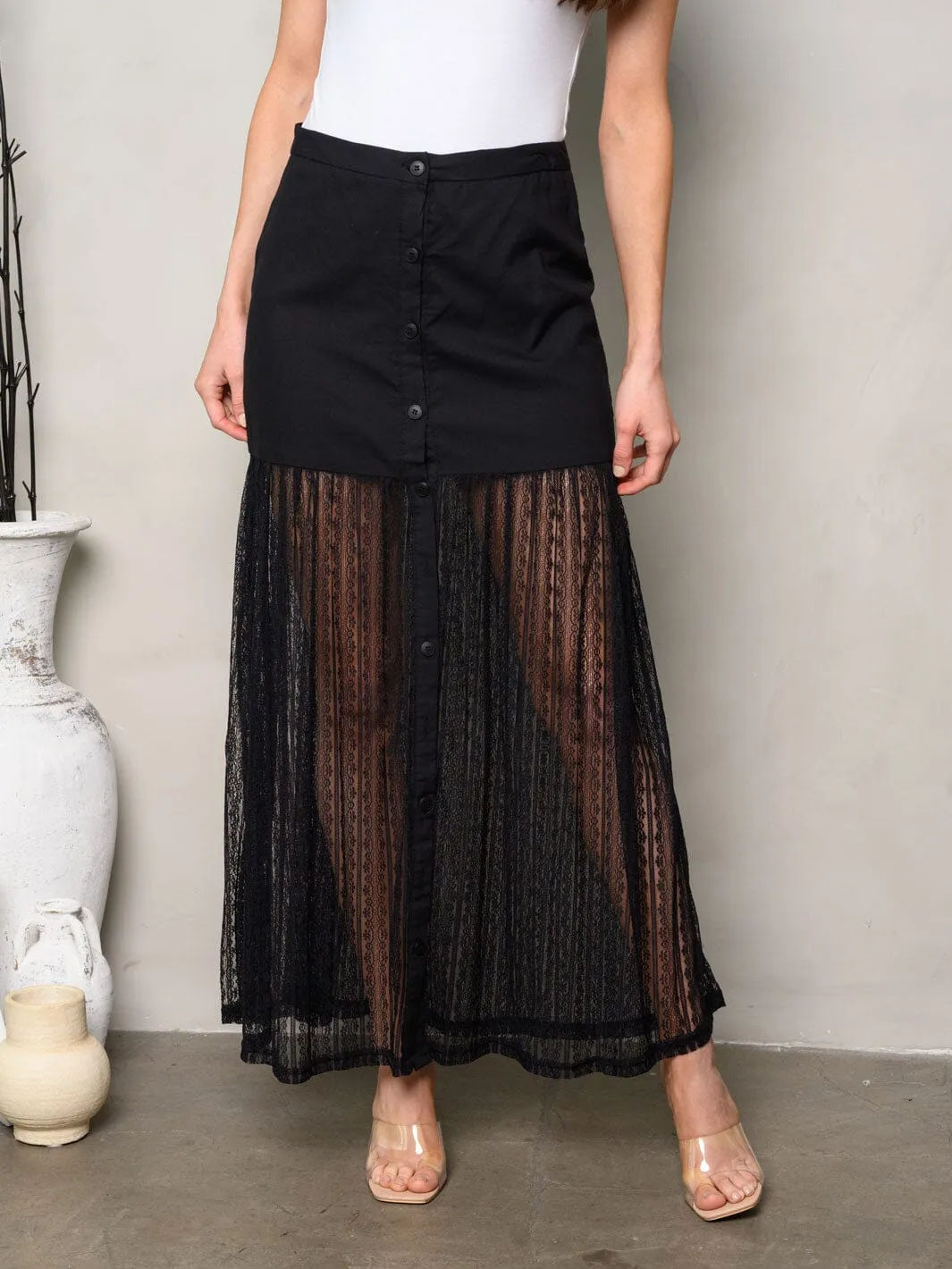 WOMEN'S BUTTONS DETAILED LACE MAXI SKIRT