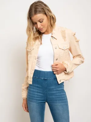 WOMEN'S DESTROYED PINK DENIM TRUCKER JACKET