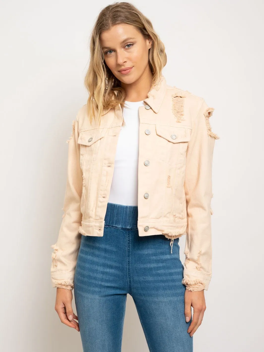 WOMEN'S DESTROYED PINK DENIM TRUCKER JACKET