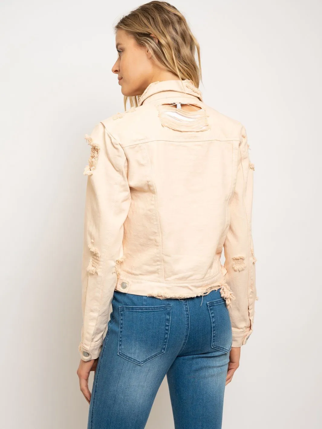 WOMEN'S DESTROYED PINK DENIM TRUCKER JACKET