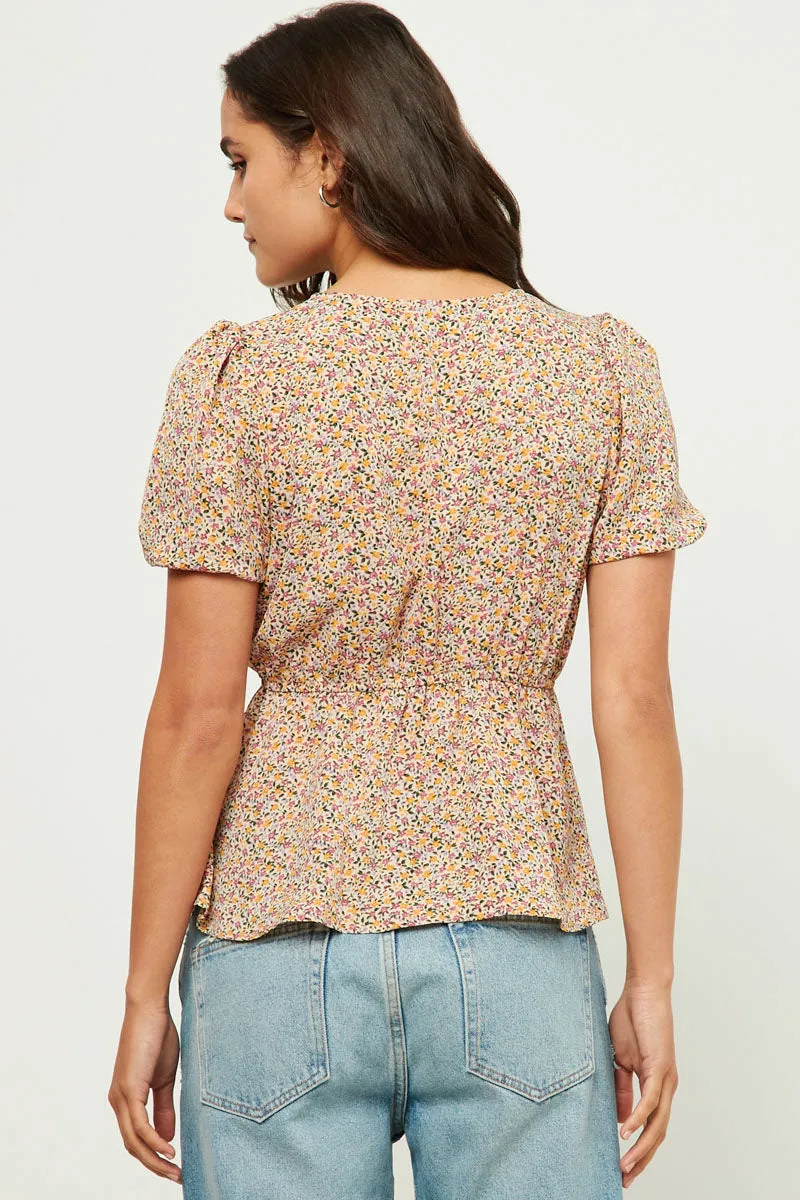 Womens Ditsy Floral Surplice Babydoll Top