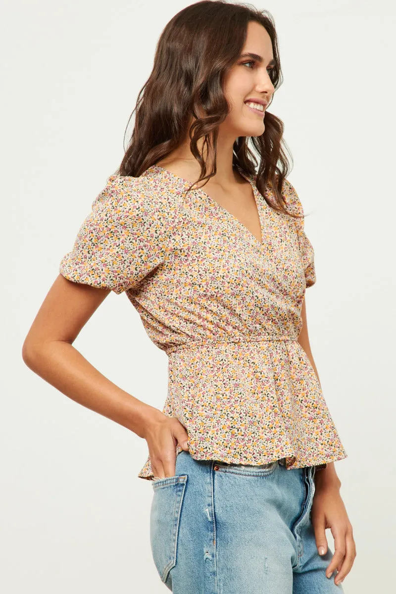 Womens Ditsy Floral Surplice Babydoll Top