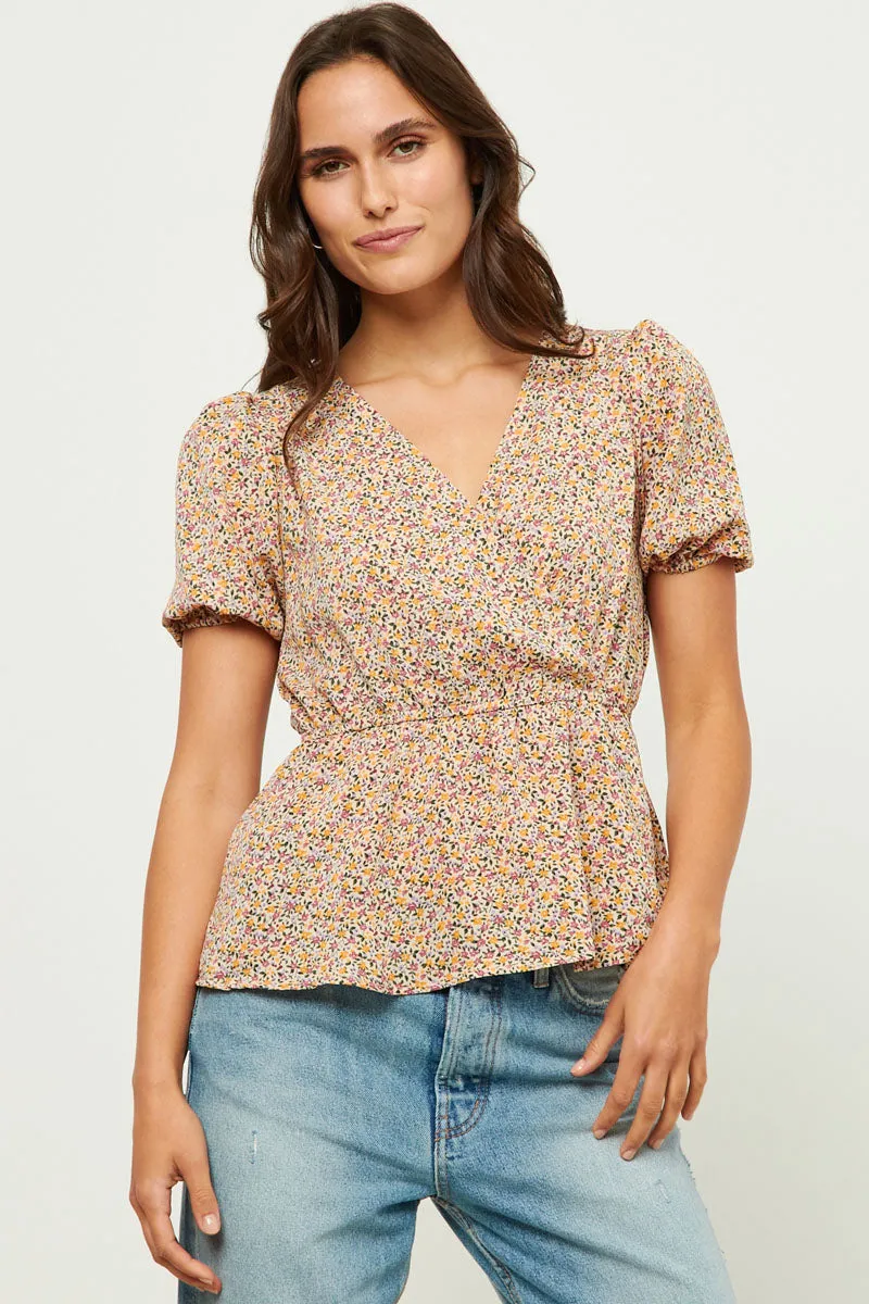 Womens Ditsy Floral Surplice Babydoll Top