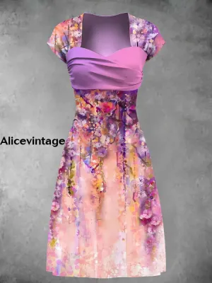 Women's Floral Art Print Wrap Midi Dress
