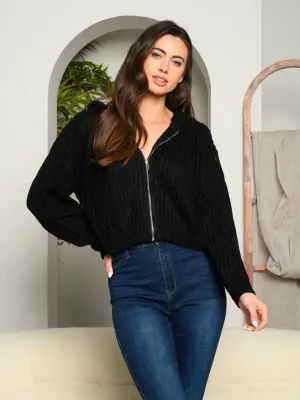 WOMEN'S KNIT LONG SLEEVE HOODED ZIPPER CLOSURE JACKET